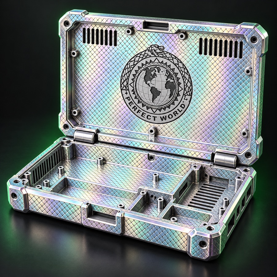 Clamshell CyberDeck case, open, with the Perfect World emblem on the lid