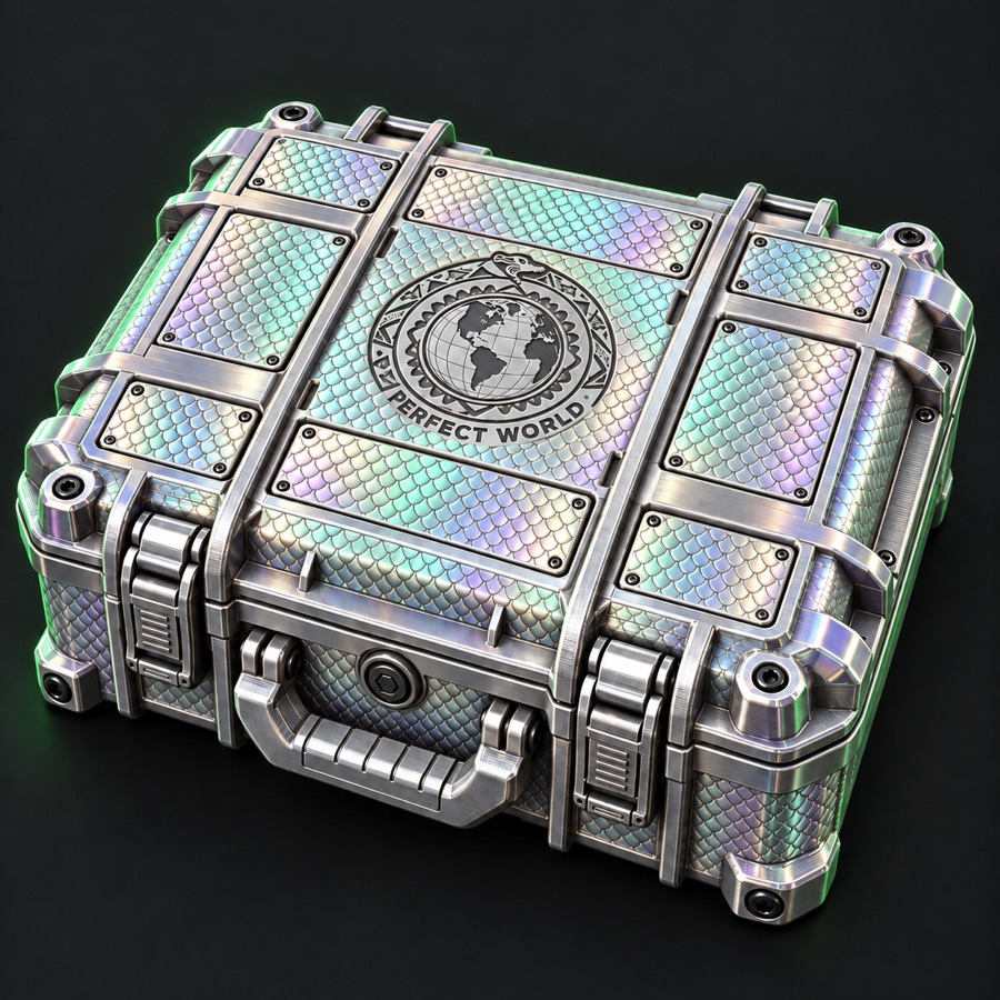 Rugged Modular CyberDeck case, closed, sealed gasketed box with the Perfect World emblem on the lid