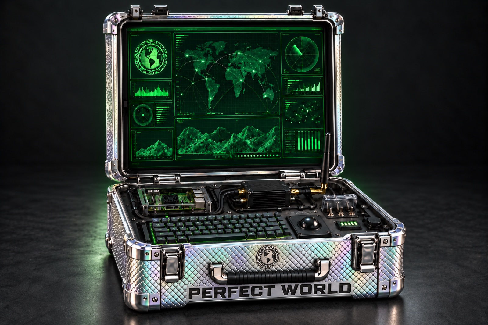 A CyberDeck build with an embossed case and a green terminal display showing a world map dashboard
