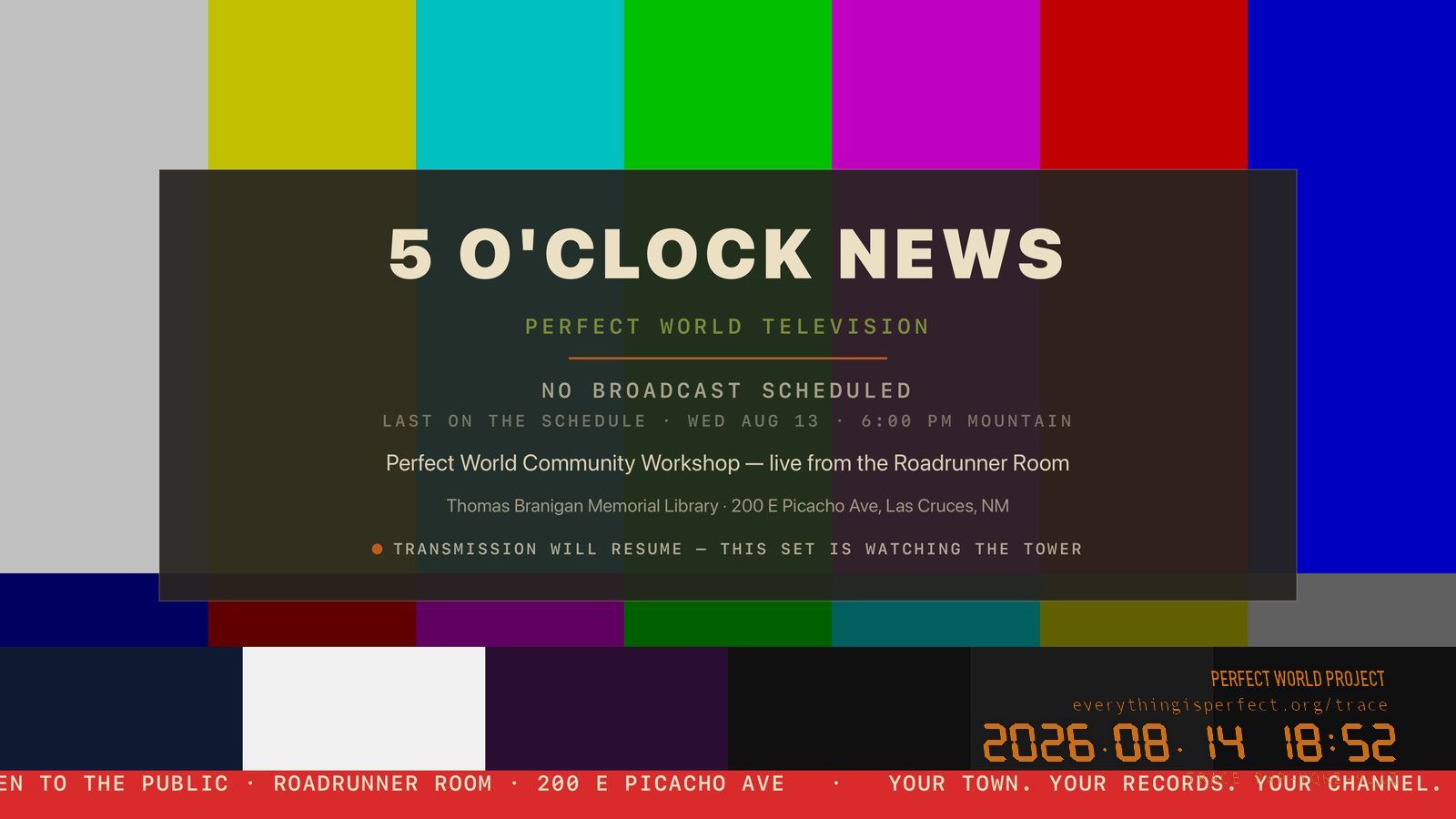 The 5 O'Clock News standby card: colour bars, station ident, schedule.